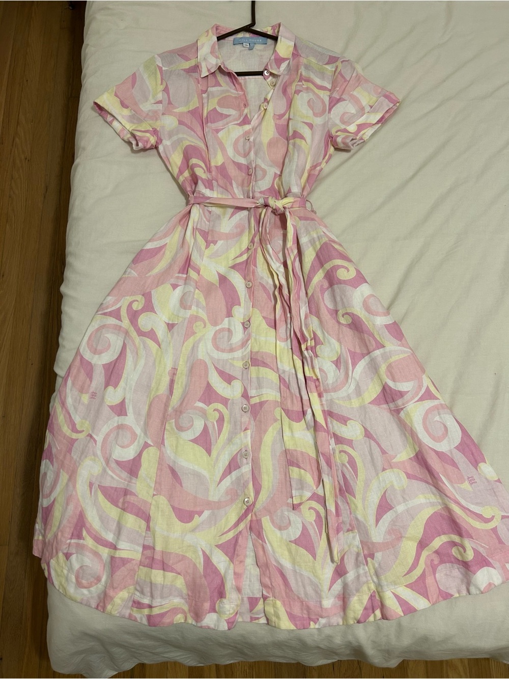 Hill House Pink, Cream & Yellow Swirl Midi Shirt Dress